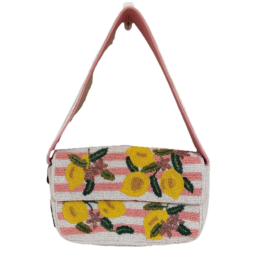 New Release AMERICA & BEYOND Limoncello‎ Lemon Pink Stripe Beaded Shoulder Bag